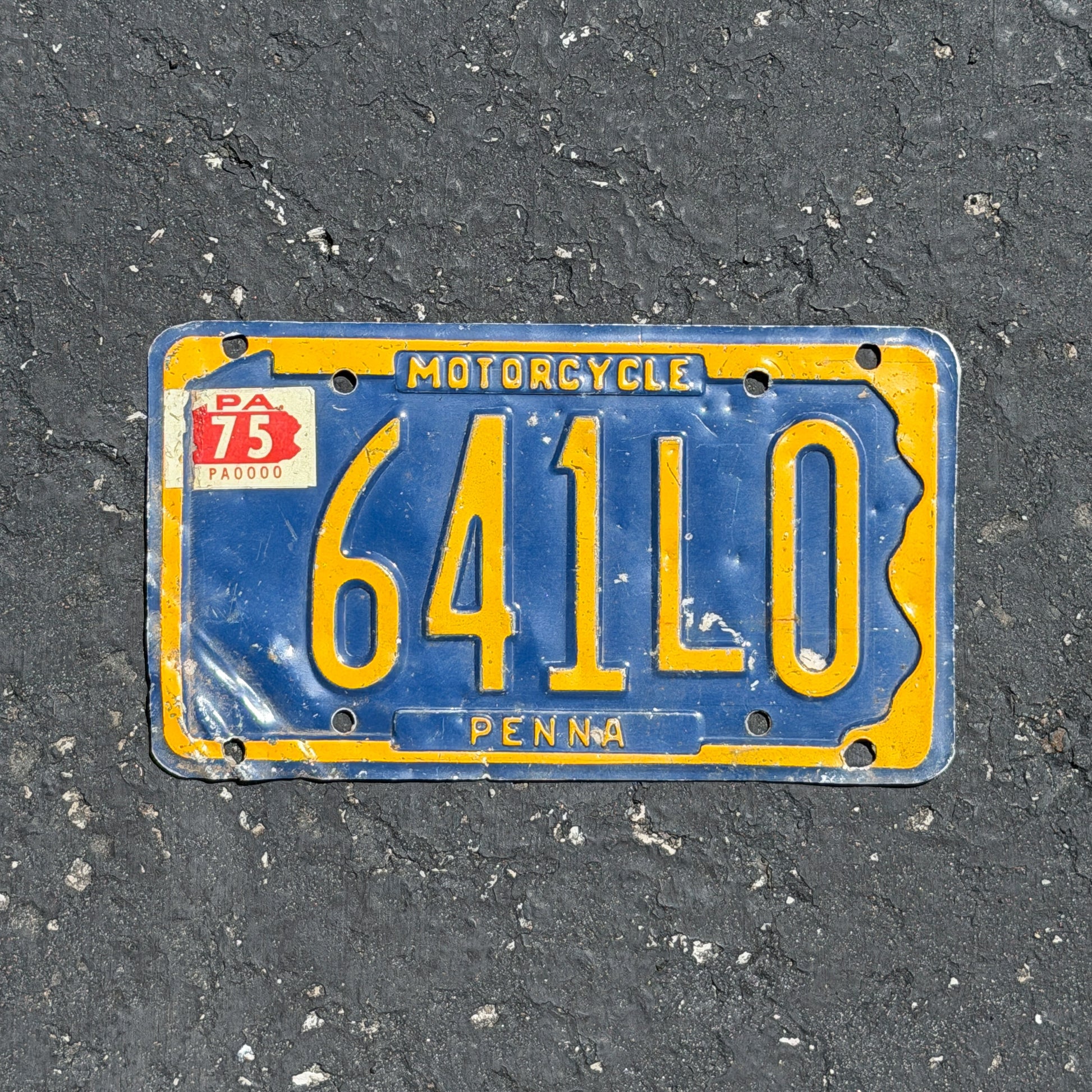 Photo of a 1971 1975 Pennsylvania Motorcycle License Plate Auto Tag Garage Decor Vintage 641L0 with original patina