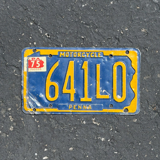 Photo of a 1971 1975 Pennsylvania Motorcycle License Plate Auto Tag Garage Decor Vintage 641L0 with original patina