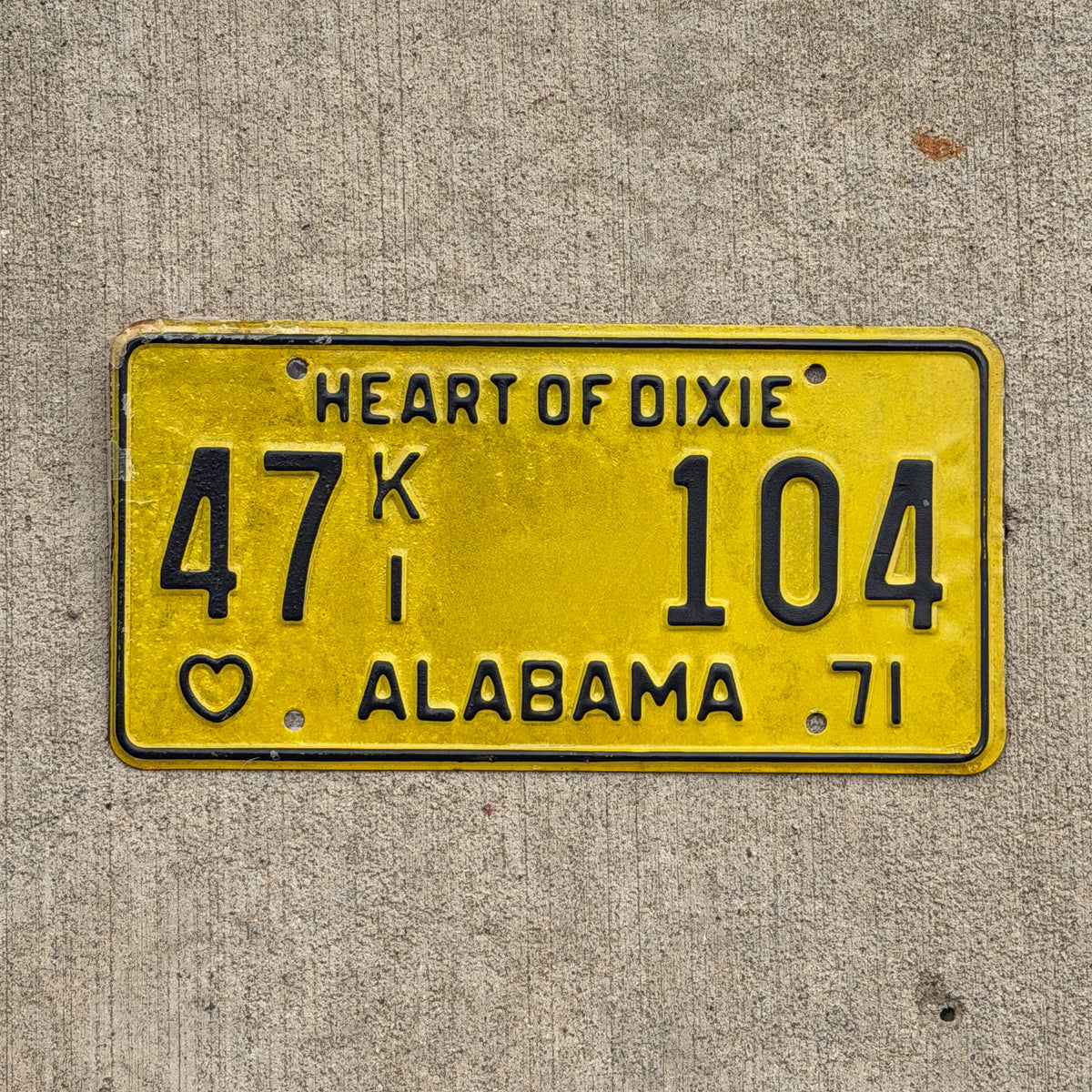 Photo of a 1971 Alabama Ambulance Hearse License Plate Auto Tag Garage Decor Vintage 47 K1 104 with original patina