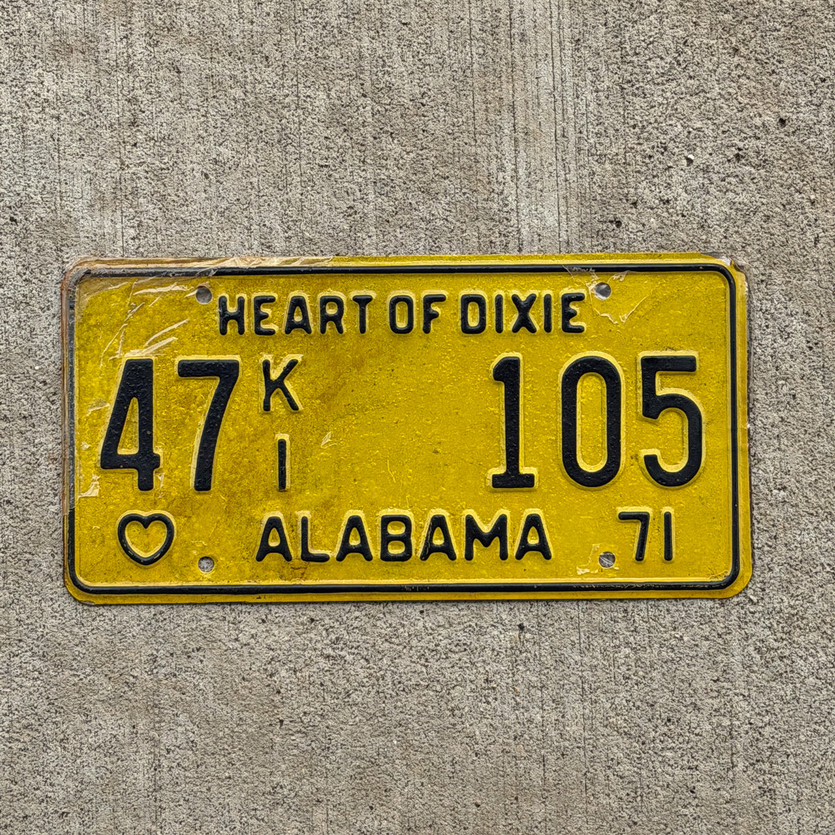 Photo of a 1971 Alabama Ambulance Hearse License Plate Auto Tag Garage Decor Vintage 47 K1 105 with original patina