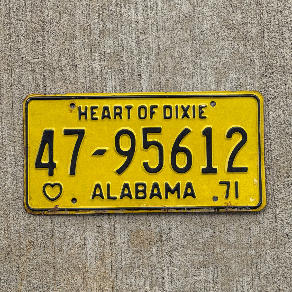 Photo of a 1971 Alabama License Plate Auto Tag Garage Decor Vintage 47 95612 with original patina