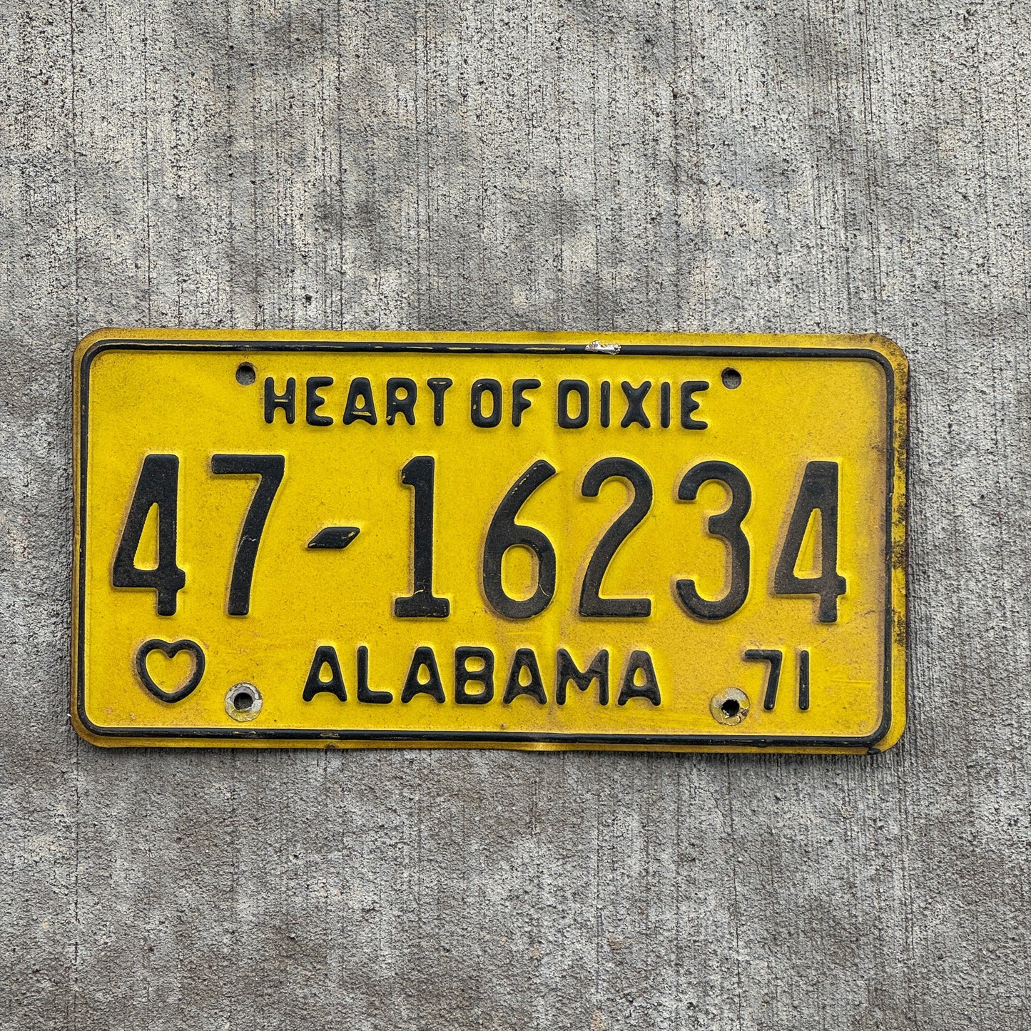 Photo of a 1971 Alabama License Plate Auto Tag Garage Decor Vintage Heart of Dixie 47 16234 with original patina