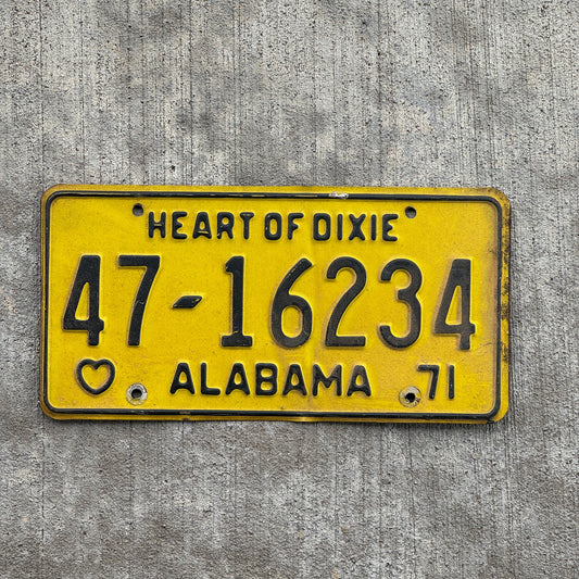 Photo of a 1971 Alabama License Plate Auto Tag Garage Decor Vintage Heart of Dixie 47 16234 with original patina