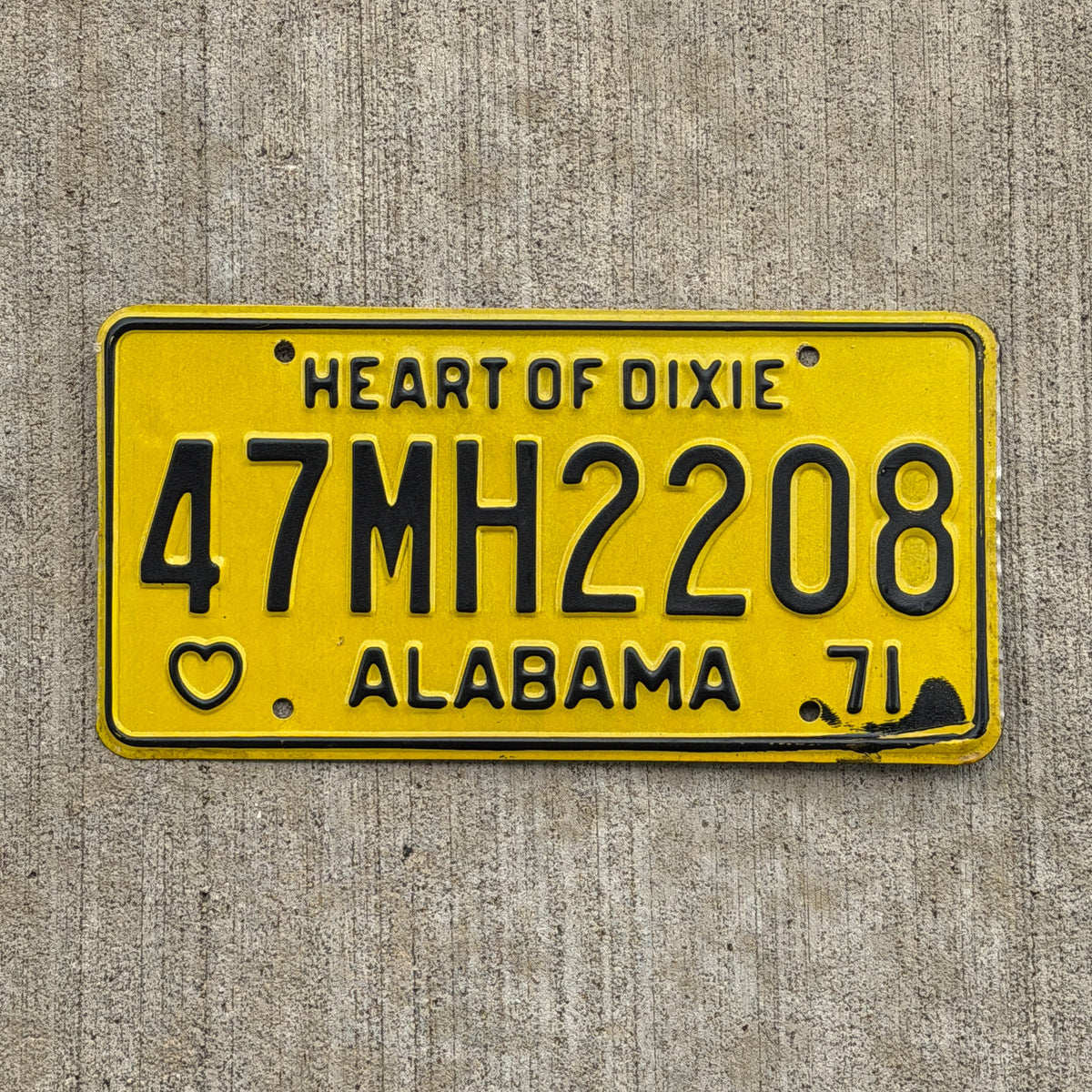 Photo of a 1971 Alabama Mobile Home License Plate Auto Tag Garage Decor Vintage 47 MH 2208 with original patina
