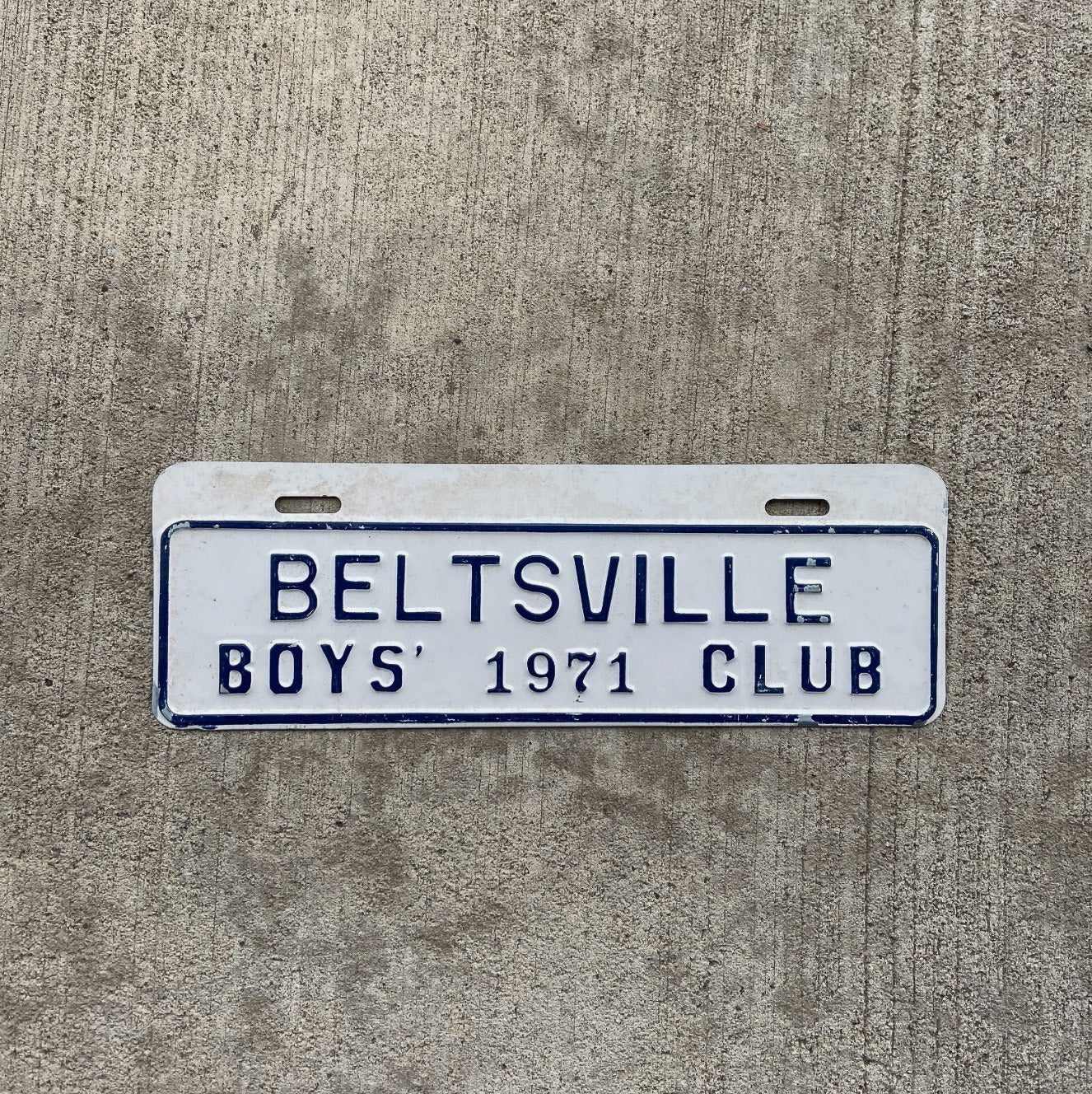 Photo of a 1971 Beltsville Maryland License Plate Topper Auto Tag Garage Decor Vintage Boys Club Blue White Near Washington DC with original patina