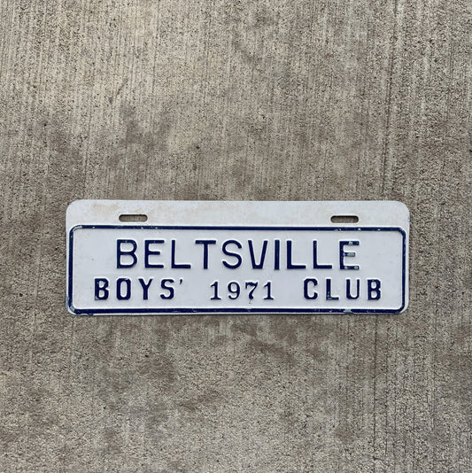 Photo of a 1971 Beltsville Maryland License Plate Topper Auto Tag Garage Decor Vintage Boys Club Blue White Near Washington DC with original patina