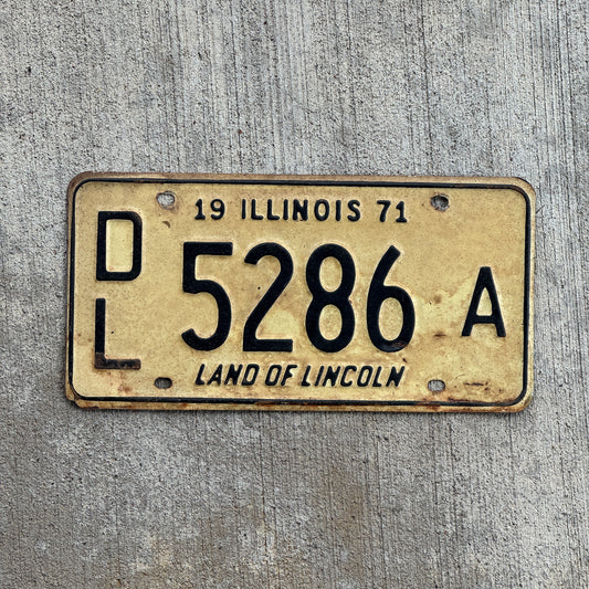 Photo of a 1971 Illinois Dealer License Plate Auto Tag 1 Vintage Garage 5286 A with original patina