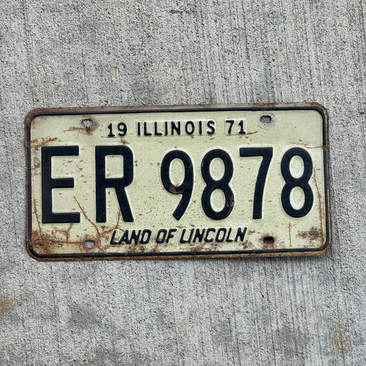 Photo of a 1971 Illinois License Plate Auto Tag 1 Vintage Garage ER 9878 with original patina