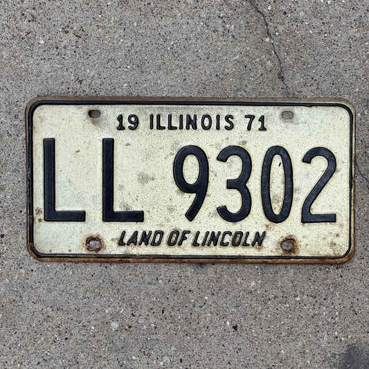 Photo of a 1971 Illinois License Plate Auto Tag 1 Vintage Garage LL 9302 with original patina