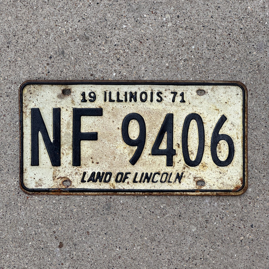 Photo of a 1971 Illinois License Plate Auto Tag 1 Vintage Garage NF 9406 with original patina