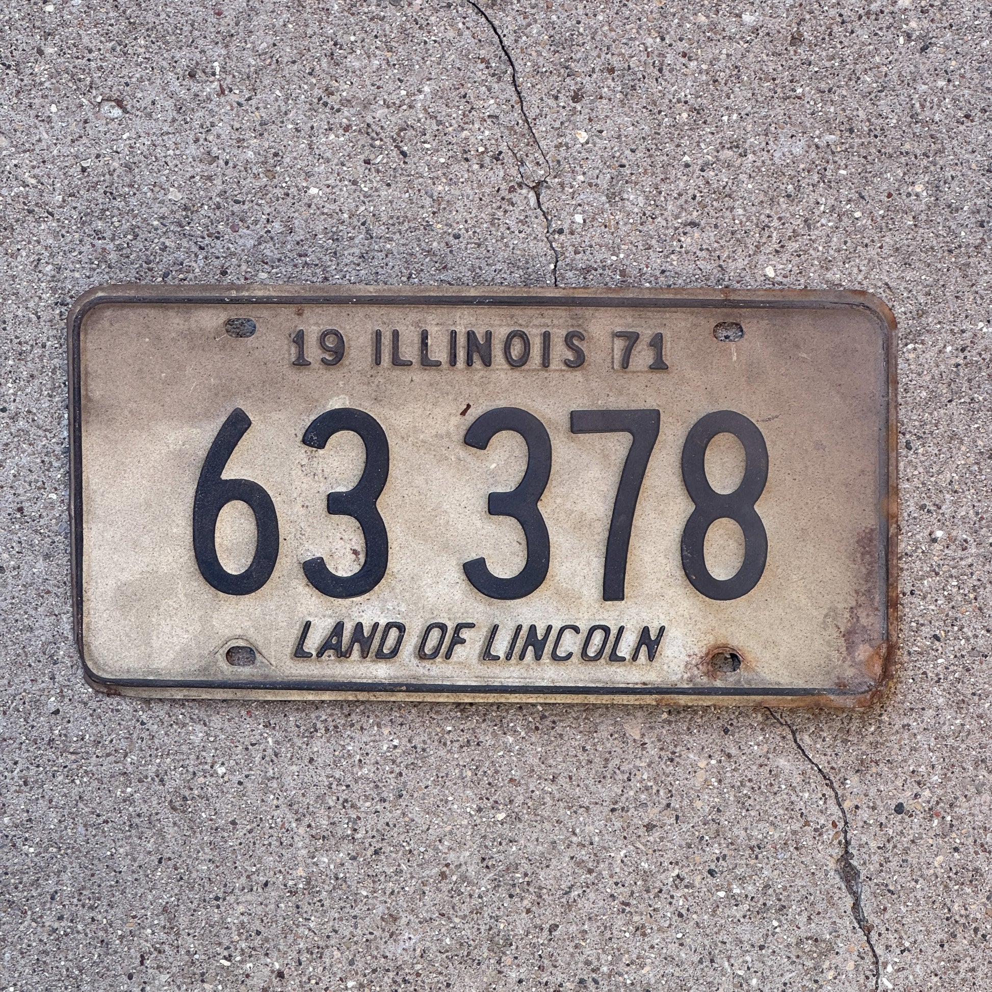 Photo of a 1971 Illinois License Plate Auto Tag 2 Vintage Garage 63 378 with original patina