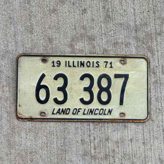 Photo of a 1971 Illinois License Plate Auto Tag 2 Vintage Garage 63 387 with original patina