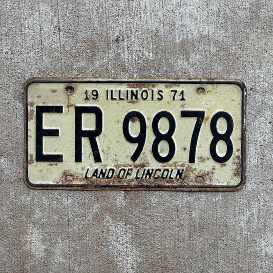 Photo of a 1971 Illinois License Plate Auto Tag 2 Vintage Garage ER 9878 with original patina