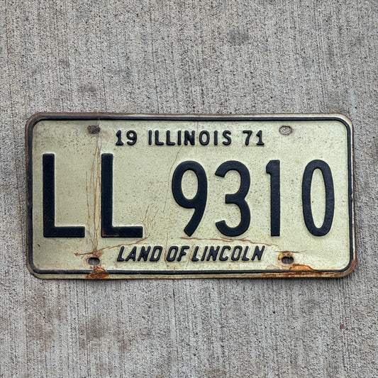 Photo of a 1971 Illinois License Plate Auto Tag Garage Decor Vintage LL 9310 with original patina