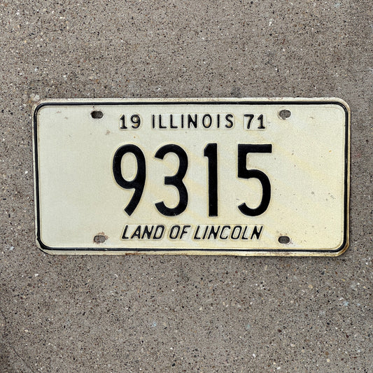 Photo of a 1971 Illinois License Plate Auto Tag Garage Decor Vintage Low Number Four Digit 9315 with original patina