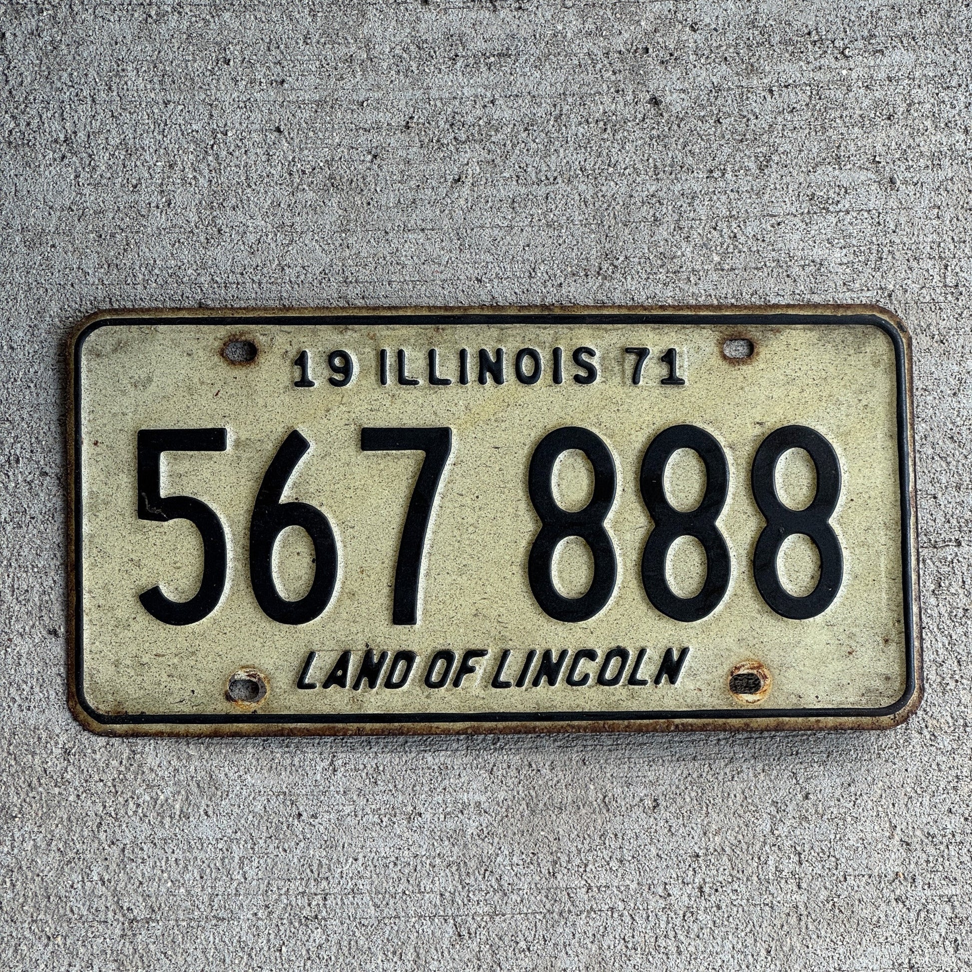 Photo of a 1971 Illinois License Plate Auto Tag Garage Decor Vintage Repeat Repeating 888 567 888