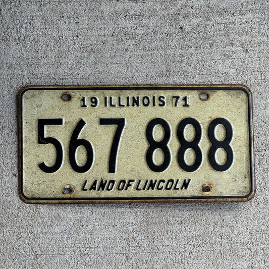 Photo of a 1971 Illinois License Plate Auto Tag Garage Decor Vintage Repeat Repeating 888 567 888