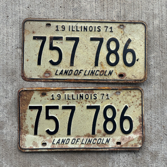 Photo of a 1971 Illinois License Plate Pair Auto Tag Garage Decor Vintage 757 786 with original patina
