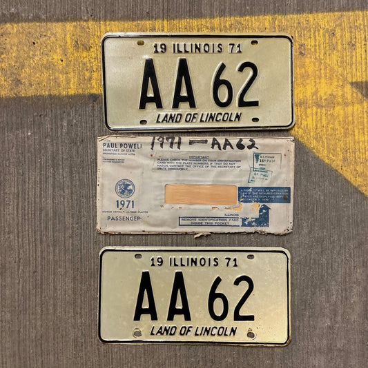 Photo of a 1971 Illinois License Plate Pair Auto Tag Garage Decor Vintage A Block Early Number Series AA 62 with original patina