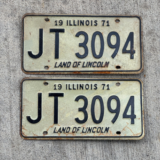 Photo of a 1971 Illinois License Plate Pair Auto Tag Garage Decor Vintage JT 3094 with original patina