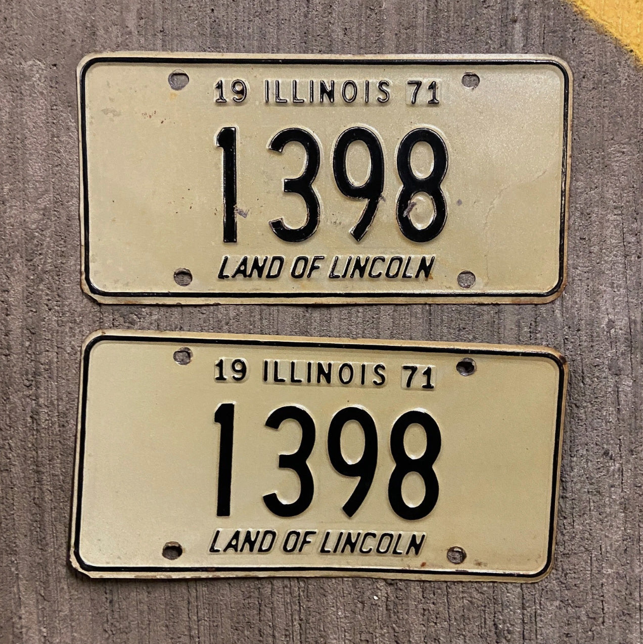 Photo of a 1971 Illinois License Plate Pair Auto Tag Garage Decor Vintage Low Number Four Digit 1398 with original patina