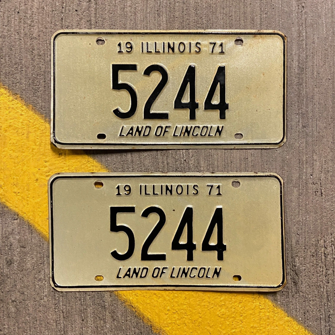 Photo of a 1971 Illinois License Plate Pair Auto Tag Garage Decor Vintage Low Number Four Digit 5244 with original patina