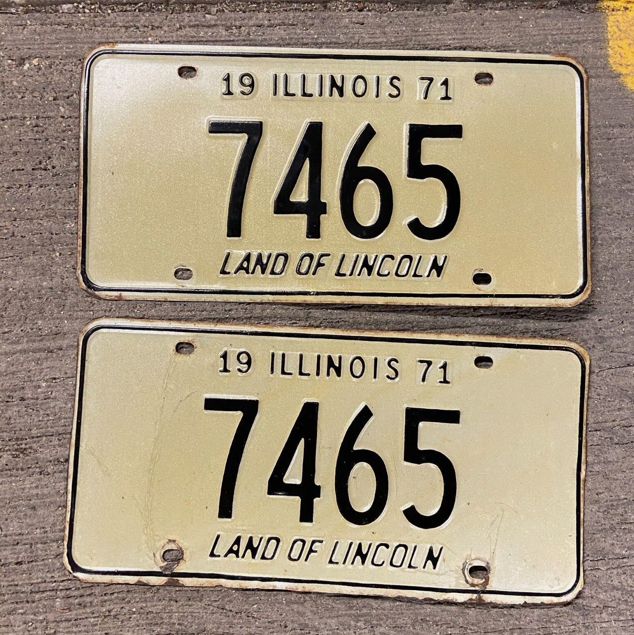Photo of a 1971 Illinois License Plate Pair Auto Tag Garage Decor Vintage Low Number Four Digit 7465 with original patina