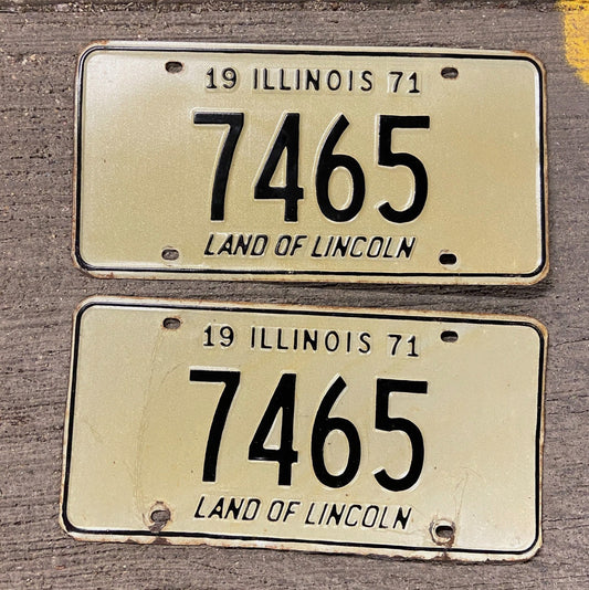 Photo of a 1971 Illinois License Plate Pair Auto Tag Garage Decor Vintage Low Number Four Digit 7465 with original patina