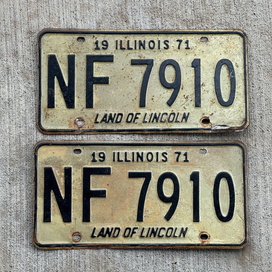 Photo of a 1971 Illinois License Plate Pair Auto Tag Garage Decor Vintage NF 7910 with original patina
