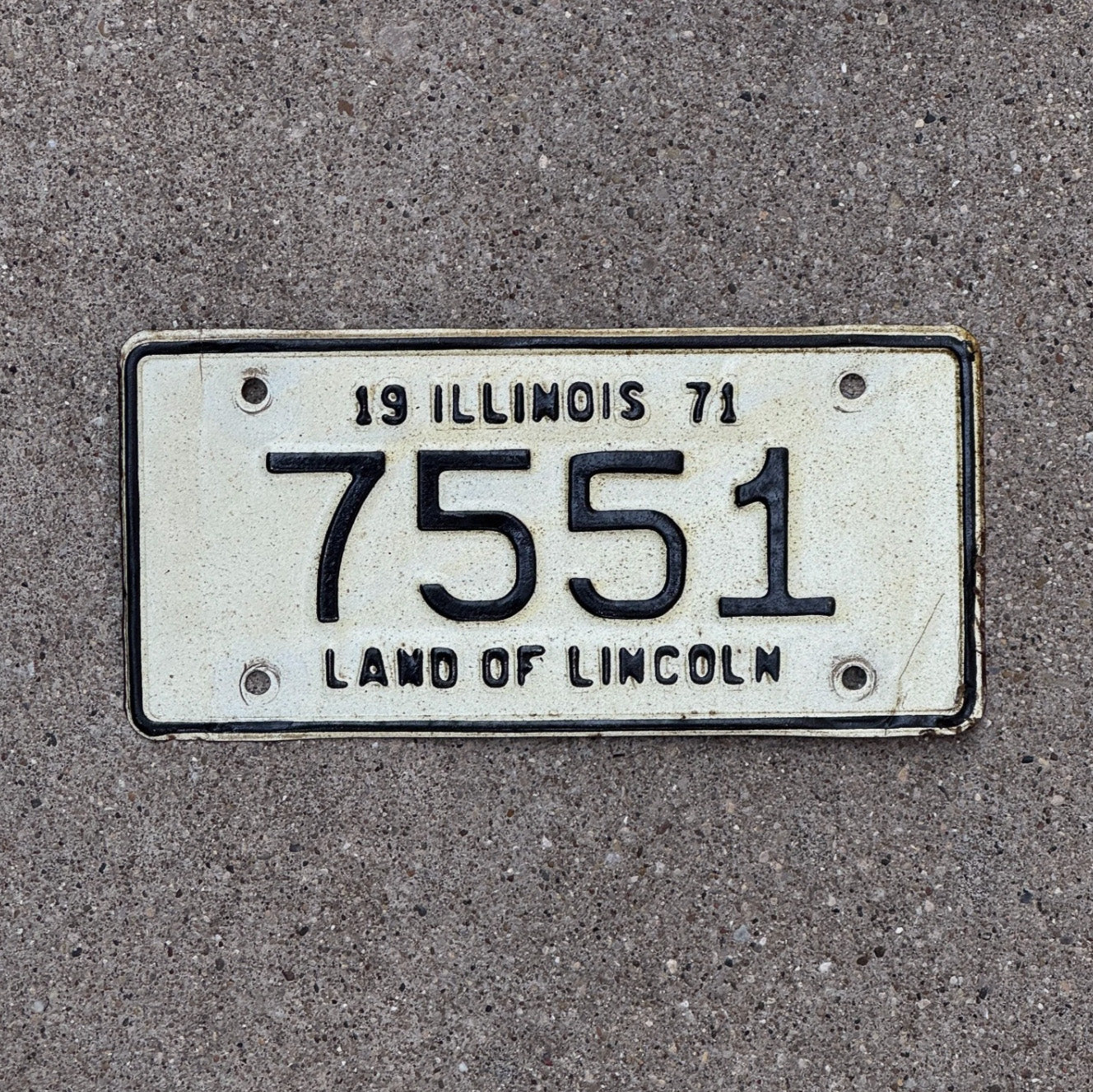 Photo of a 1971 Illinois Motorcycle License Plate Auto Tag Garage Decor Vintage 7551 with original patina