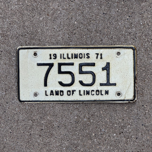 Photo of a 1971 Illinois Motorcycle License Plate Auto Tag Garage Decor Vintage 7551 with original patina
