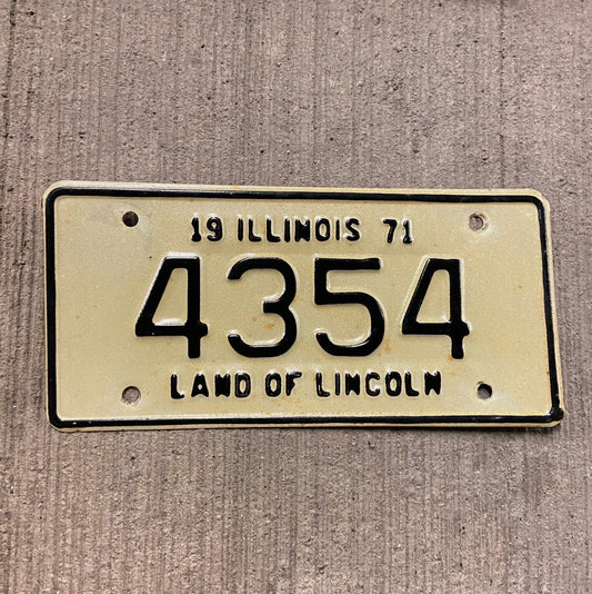 Photo of a 1971 Illinois Motorcycle License Plate Auto Tag Garage Decor Vintage Low Number Four Digit 420 Weed 4354 with original patina