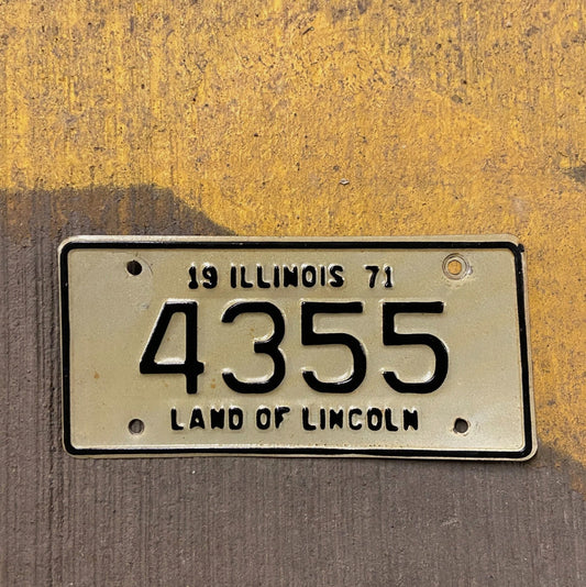 Photo of a 1971 Illinois Motorcycle License Plate Auto Tag Garage Decor Vintage Low Number Four Digit 420 Weed 4355 with original patina