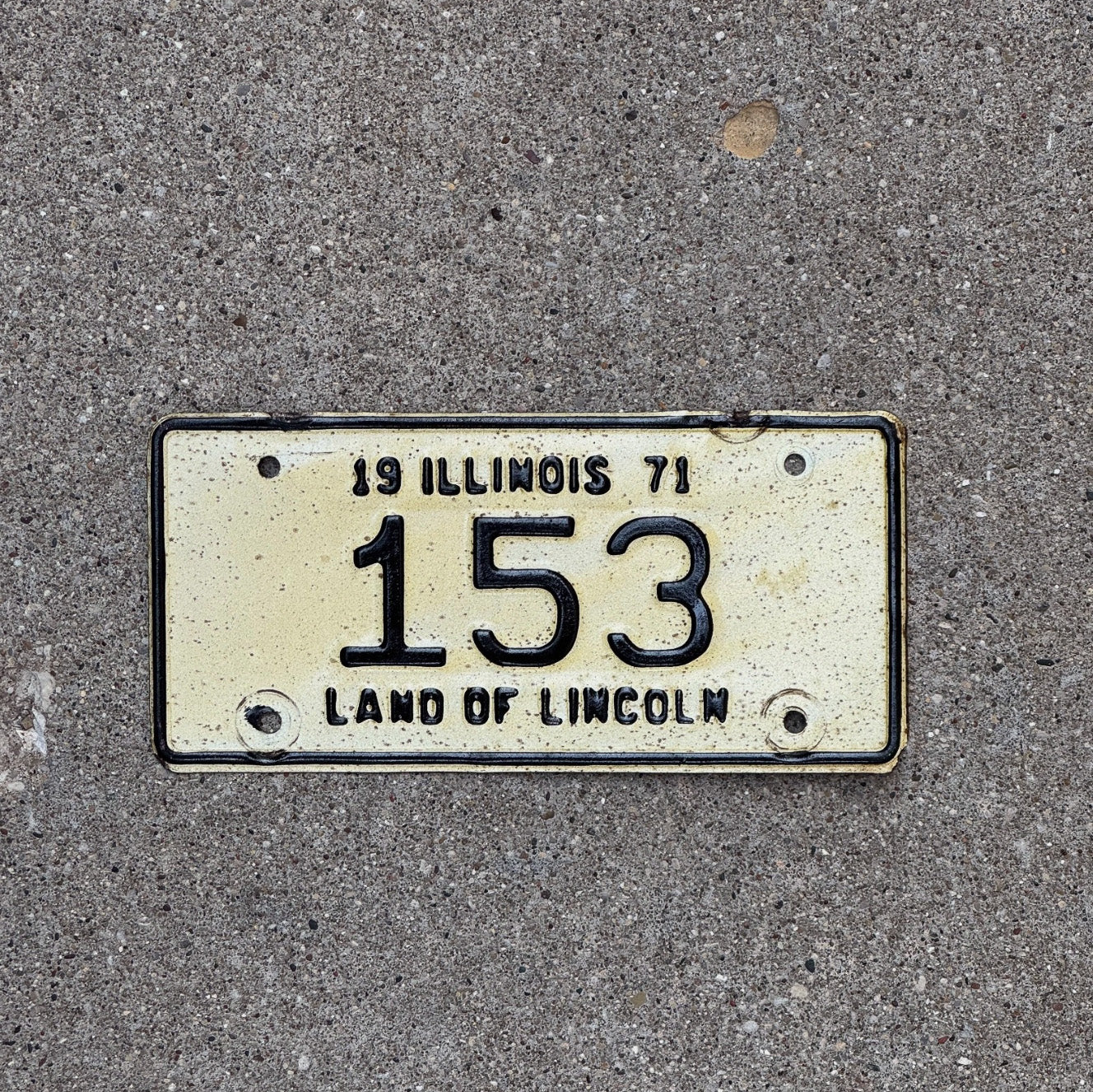 Photo of a 1971 Illinois Motorcycle License Plate Auto Tag Garage Decor Vintage Low Number Three Digit 153 with original patina