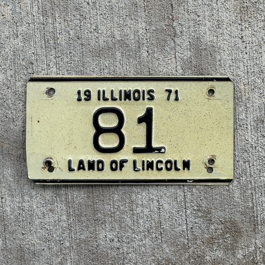 Photo of a 1971 Illinois Motorcycle License Plate Auto Tag Garage Decor Vintage Low Number Two Digit 81 with original patina