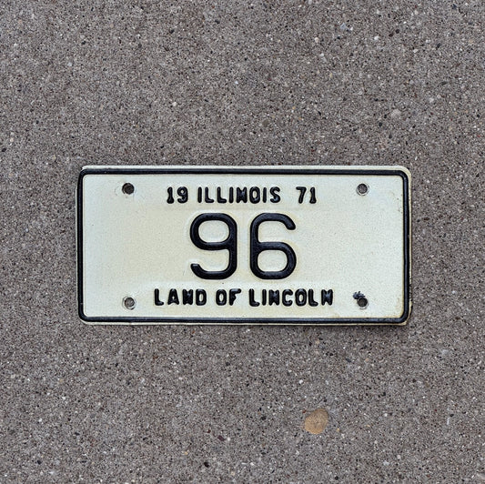 Photo of a 1971 Illinois Motorcycle License Plate Auto Tag Garage Decor Vintage Low Number Two Digit 96 with original patina