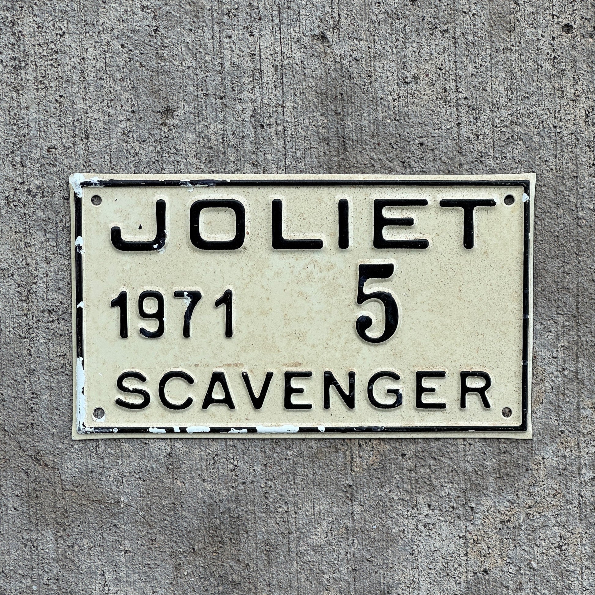 Photo of a 1971 Illinois Scavenger License Plate Auto Tag Garage Decor Vintage Joliet 5 with original patina