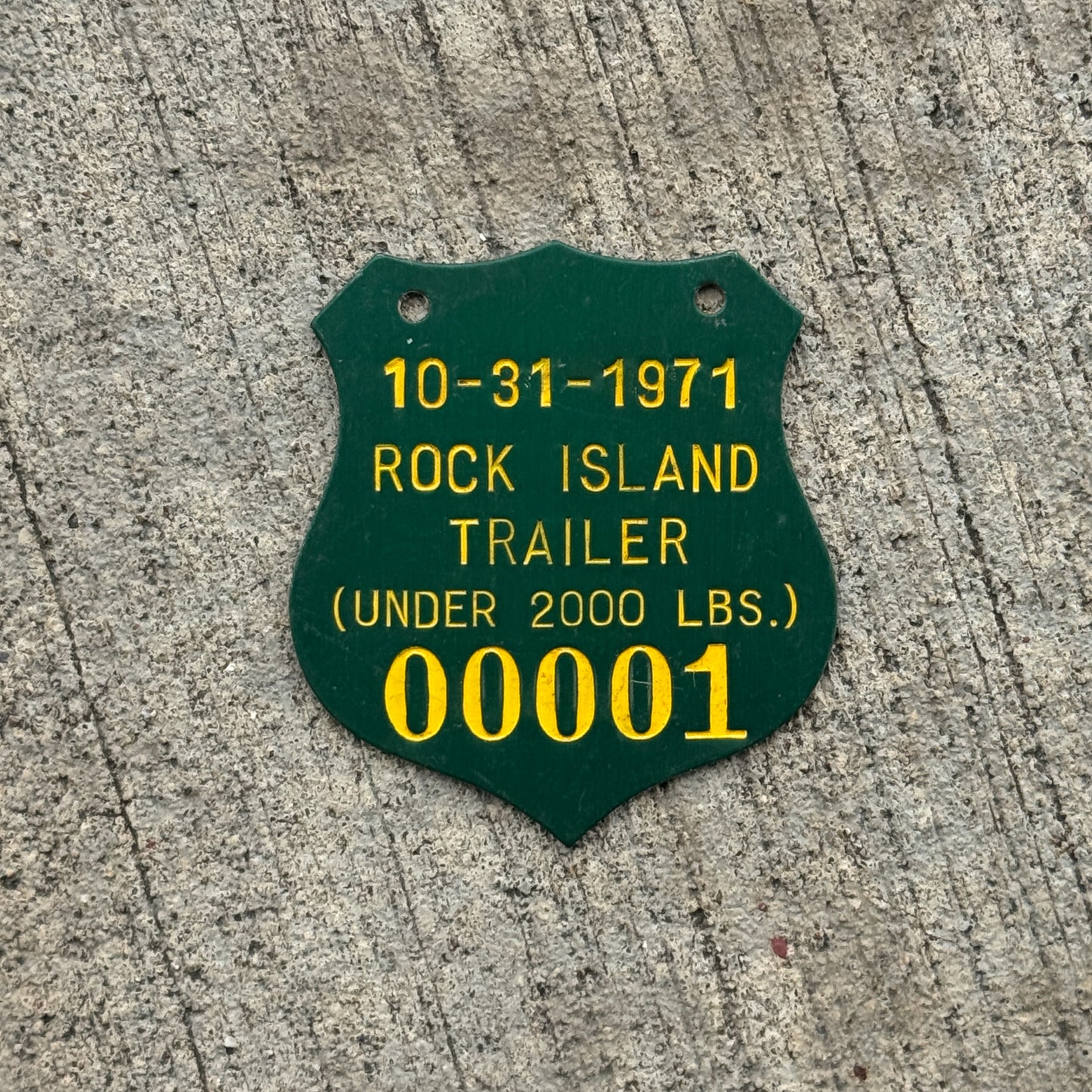 Photo of a 1971 Illinois Trailer Tax Tag License Plate Auto Tag Garage Decor Vintage Badge Low Number 00001 with original patina