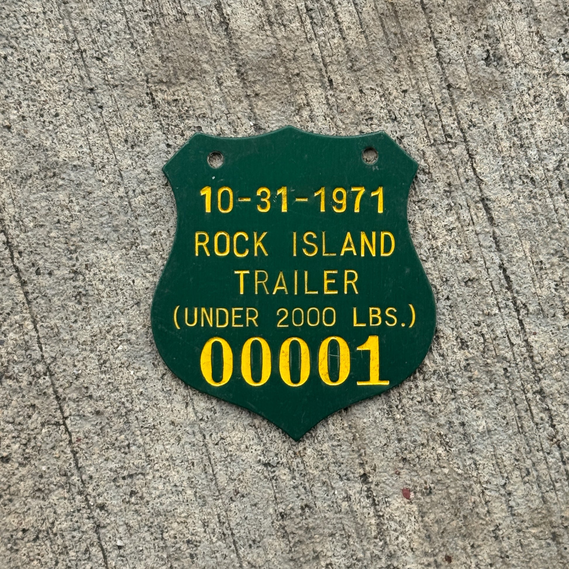 Photo of a 1971 Illinois Trailer Tax Tag License Plate Auto Tag Garage Decor Vintage Badge Low Number 00001 with original patina