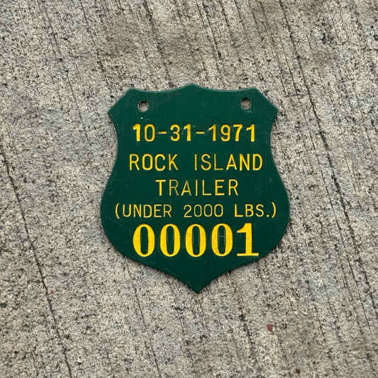 Photo of a 1971 Illinois Trailer Tax Tag License Plate Auto Tag Garage Decor Vintage Badge Low Number 00001 with original patina