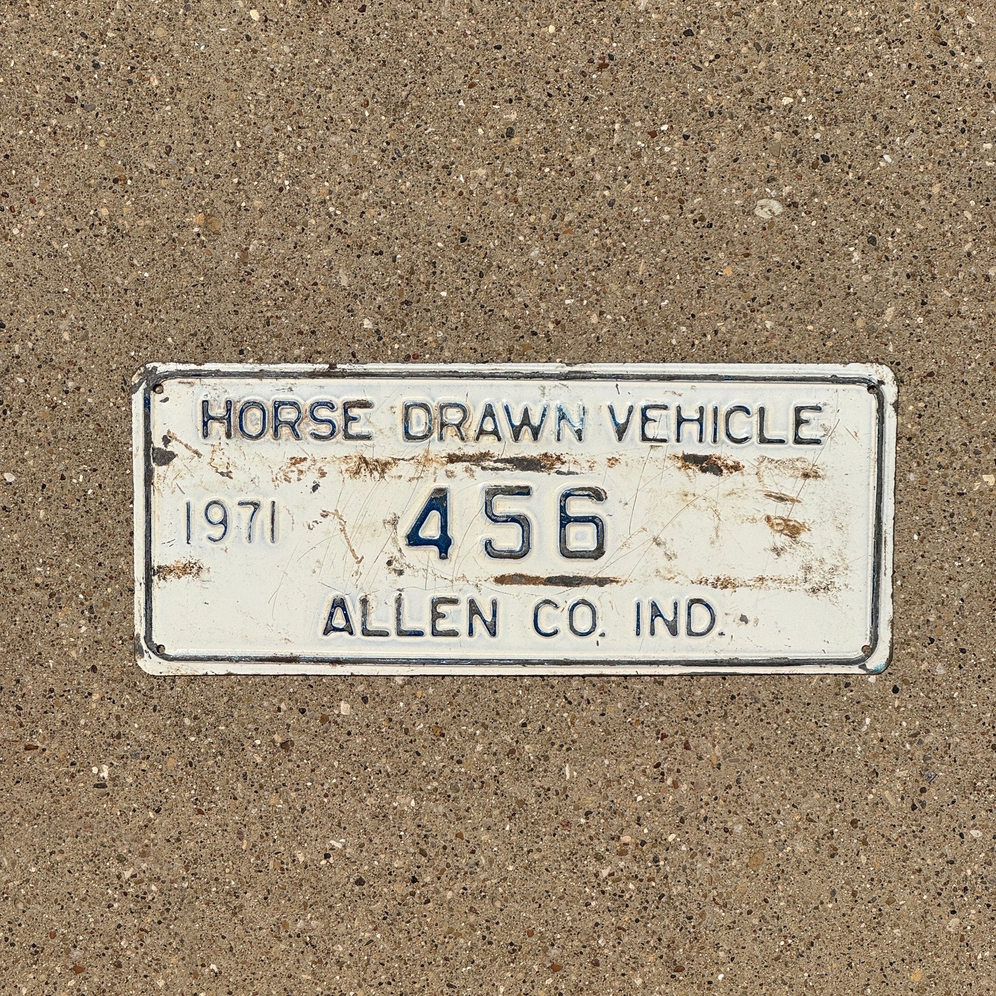 Photo of a 1971 Indiana Horse Drawn Vehicle License Plate Auto Tag Garage Decor Vintage Allen County 456
