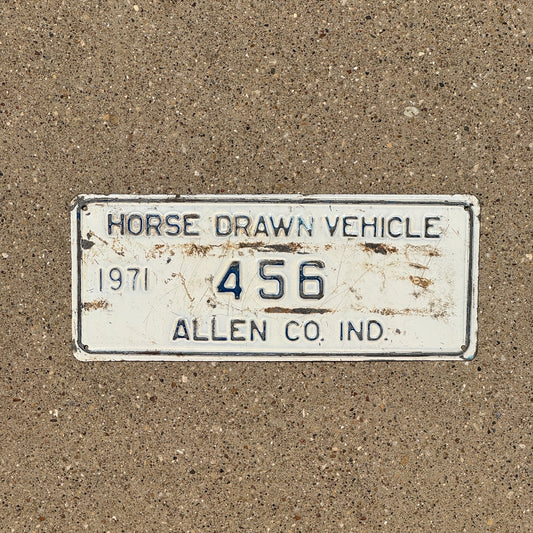 Photo of a 1971 Indiana Horse Drawn Vehicle License Plate Auto Tag Garage Decor Vintage Allen County 456