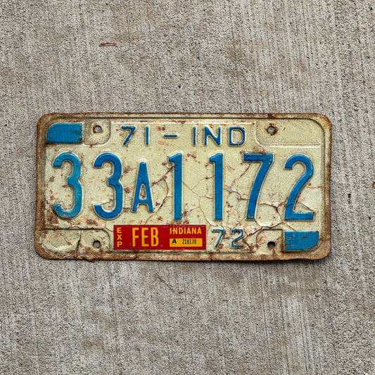 Photo of a 1971 Indiana License Plate Auto Tag Garage Decor Vintage 33 A 1172 with original patina