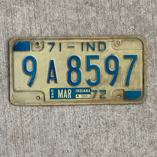 Photo of a 1971 Indiana License Plate Auto Tag Garage Decor Vintage 9 A 8597 with original patina