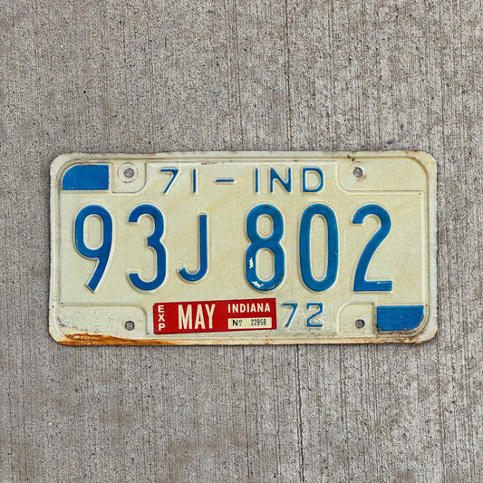 Photo of a 1971 Indiana License Plate Auto Tag Garage Decor Vintage 93 J 802 with original patina