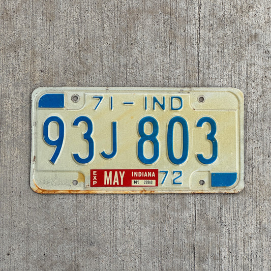 Photo of a 1971 Indiana License Plate Auto Tag Garage Decor Vintage 93 J 803 with original patina