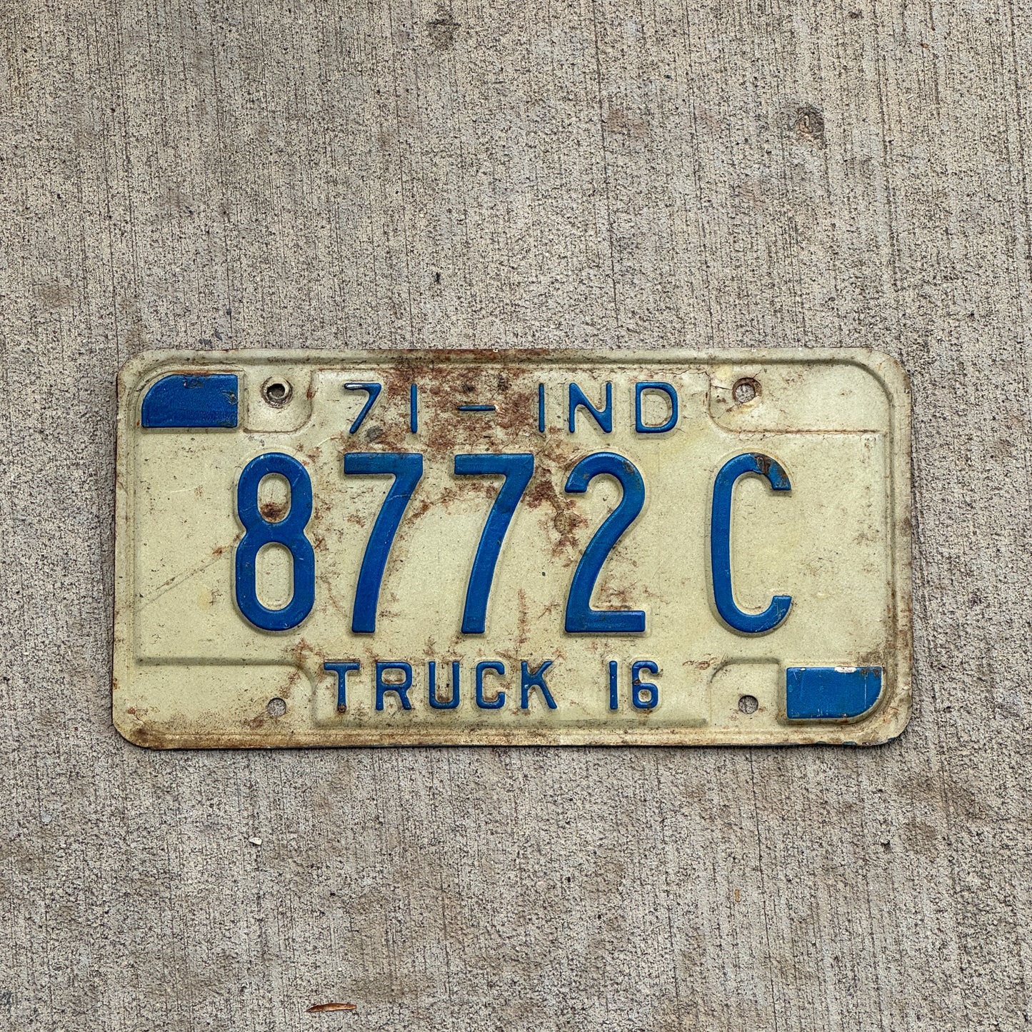 Photo of a 1971 Indiana Truck License Plate Auto Tag Garage Decor Vintage 8772 C with original patina