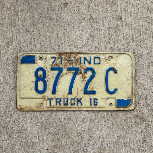 Photo of a 1971 Indiana Truck License Plate Auto Tag Garage Decor Vintage 8772 C with original patina