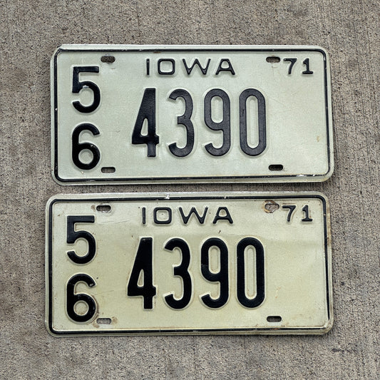 Photo of a 1971 Iowa License Plate Pair Auto Tag Garage Decor Vintage 56 4390 with original patina