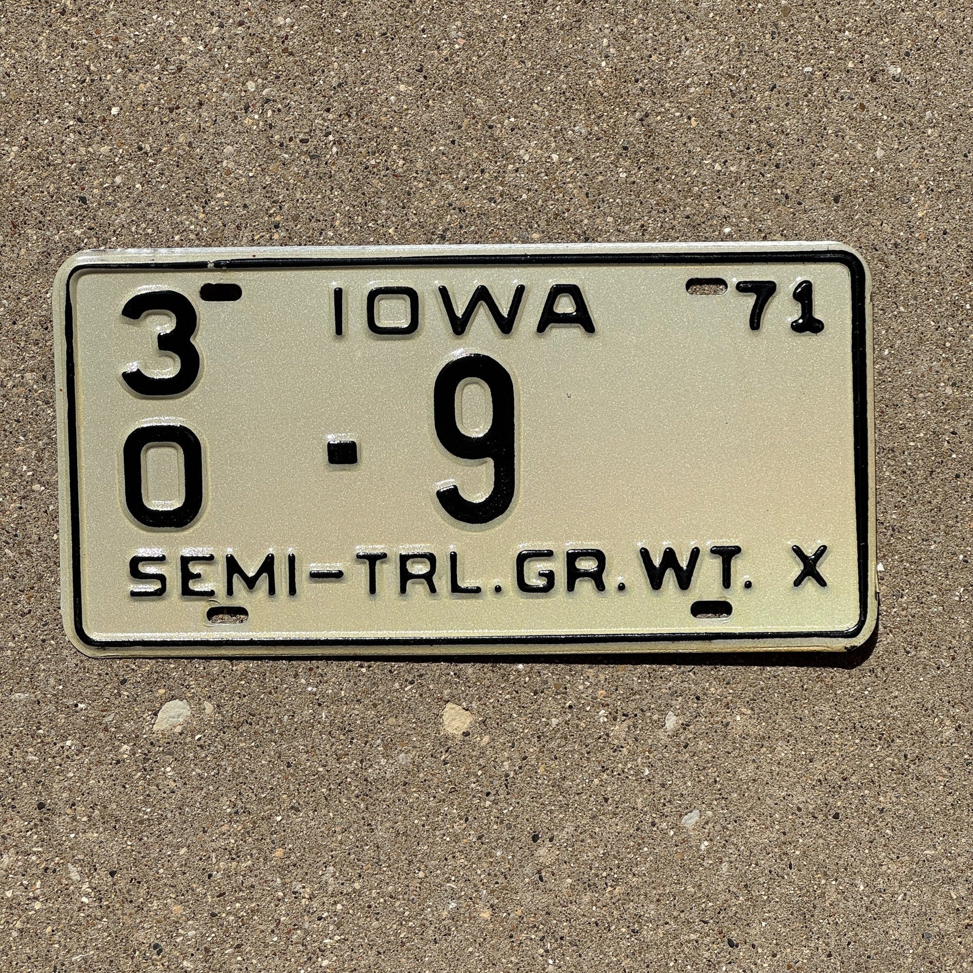 Photo of a 1971 Iowa Semi Trailer License Plate Auto Tag Garage Decor Vintage Low Number 30 9